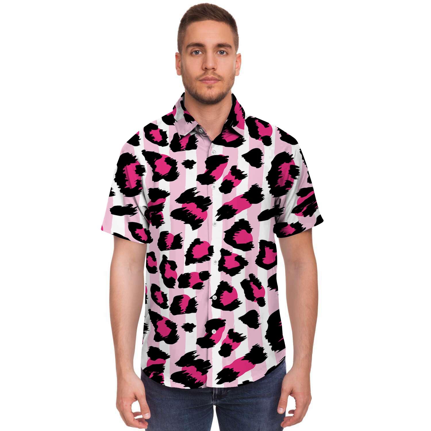 Pink Striped Leopard Men’S Short Sleeve Shirt