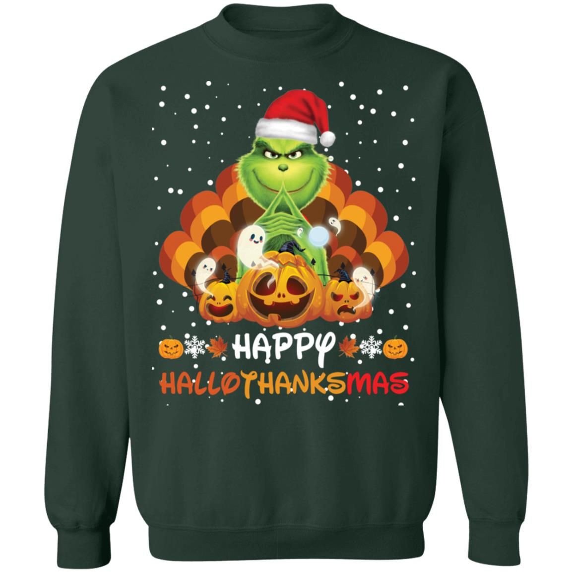 Happy Hallothanksmas The Grinch Black Green Sweatshirt , Christmas Outfits by Flowershirts