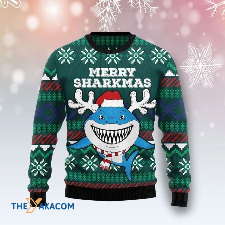 Artful Shark In Ocean Merry Sharkmas Gift For Christmas Ugly Christmas Sweater