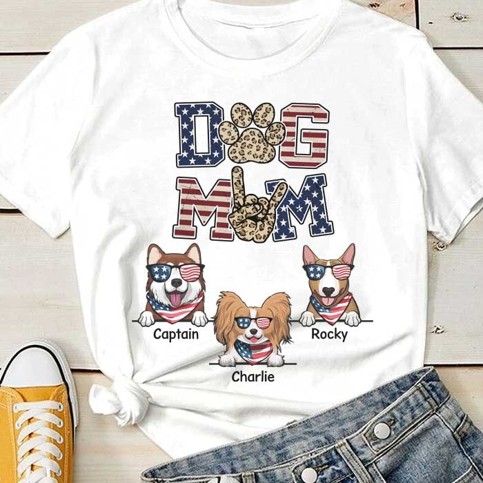 Personalized T-Shirt Dog Mom Shirt Cute Puppy With Leopard Paw Shirt Us Flag Shirt Custom Dogs Name Shirt For Independence Day