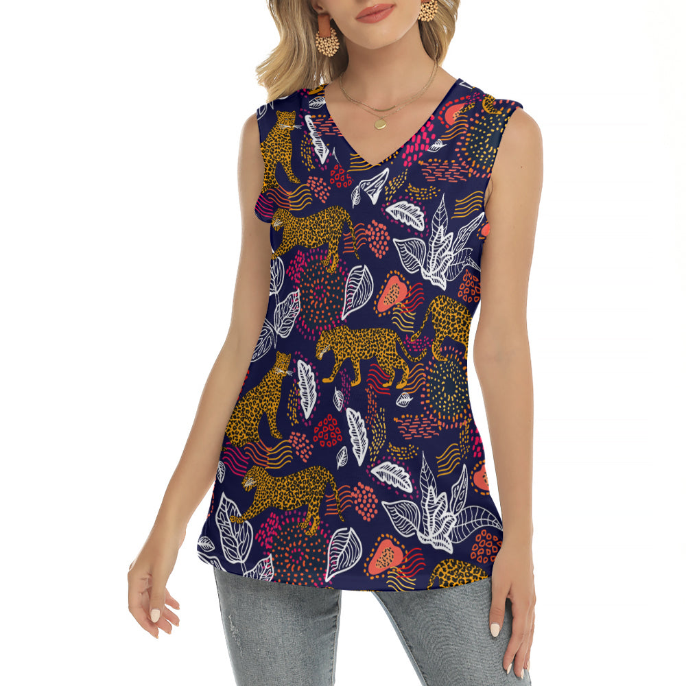 Darkness Jungle Leopard Sleeveless V-Neck T-Shirt