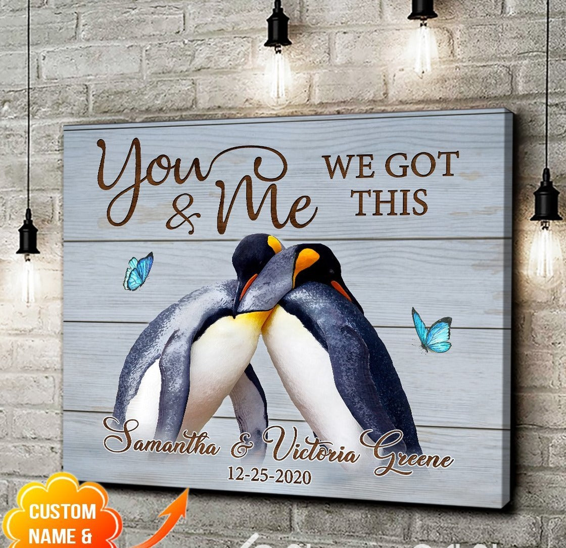 Personalized Name Text Penguin Canvas, Poster Wall Hanging Gift Idea For Wedding Anniversary – You And Me