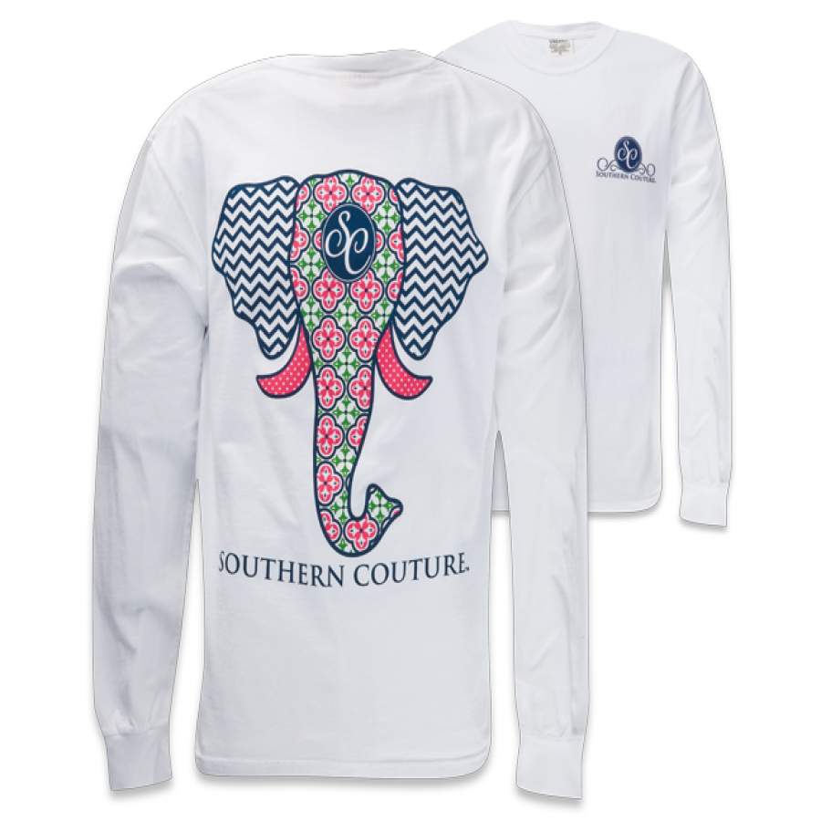 Southern Couture Preppy Elephant Chevron Pattern Comfort Colors White Girlie Long Sleeve Bright T Shirt