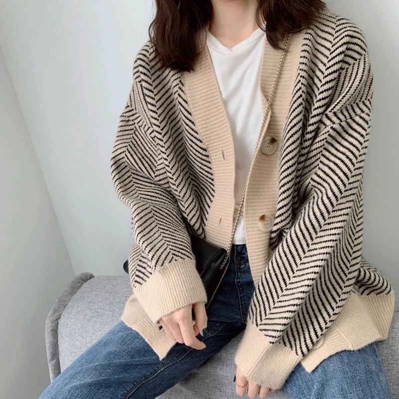 Argyle Cardigan Women Knitted Sweater Loose Single Breasted Students V-neck Lovely Knitwear Korean Oversize Cardigan Winter Tops alx