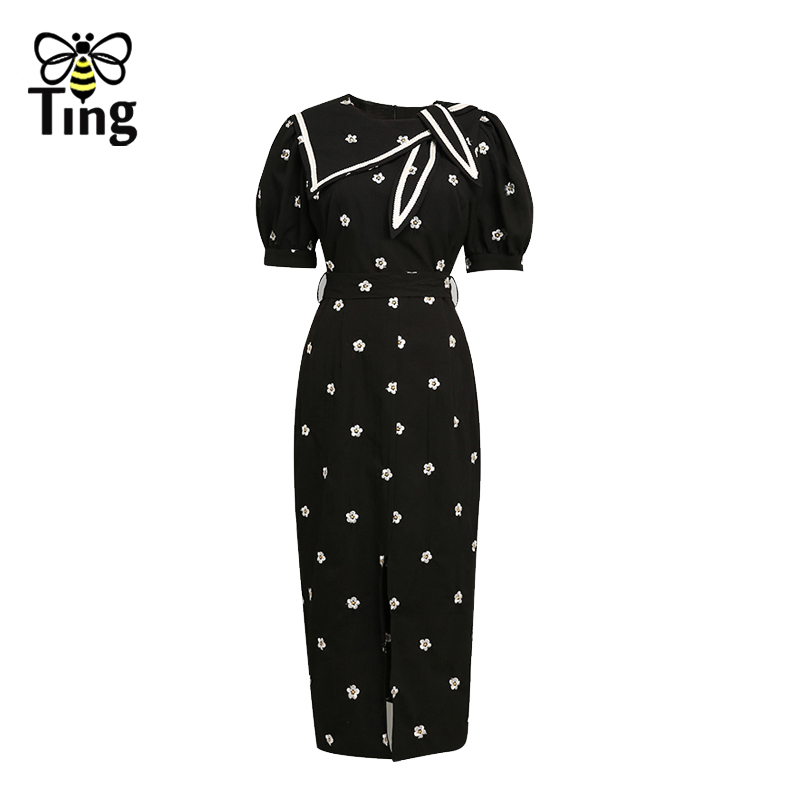 Tingfly Runway Fashion Flower Embroidery Black Party Dresses Women Summer Chic Elegant Split Knee Office Dress Plus Size Elbise alx