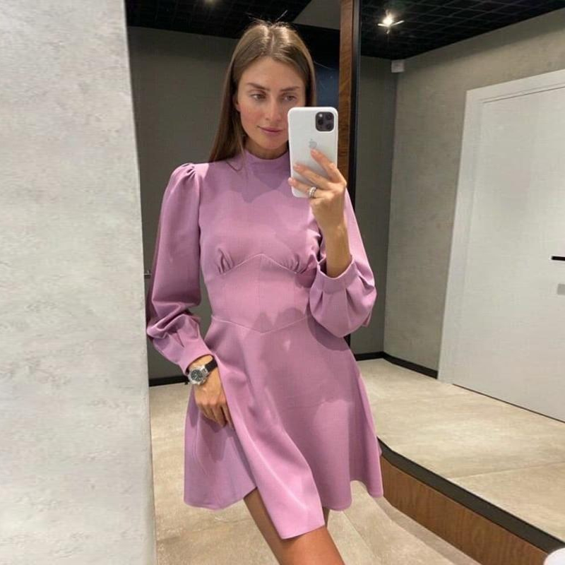 Women All-Match Simple Mini Dress Solid Lantern Sleeve Turtleneck Chest Fold Drawn Back Casual Dress 2021 Spring Women New Dress alx