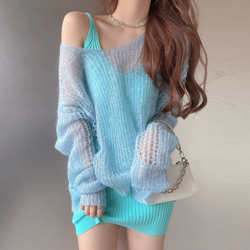 Solid Light Blue Girl Loose Casual Sweater Autumn Lady Thin Hollow Out Pullover Long Sleeve Sweaters Sweet Korean Fashion Cloth alx