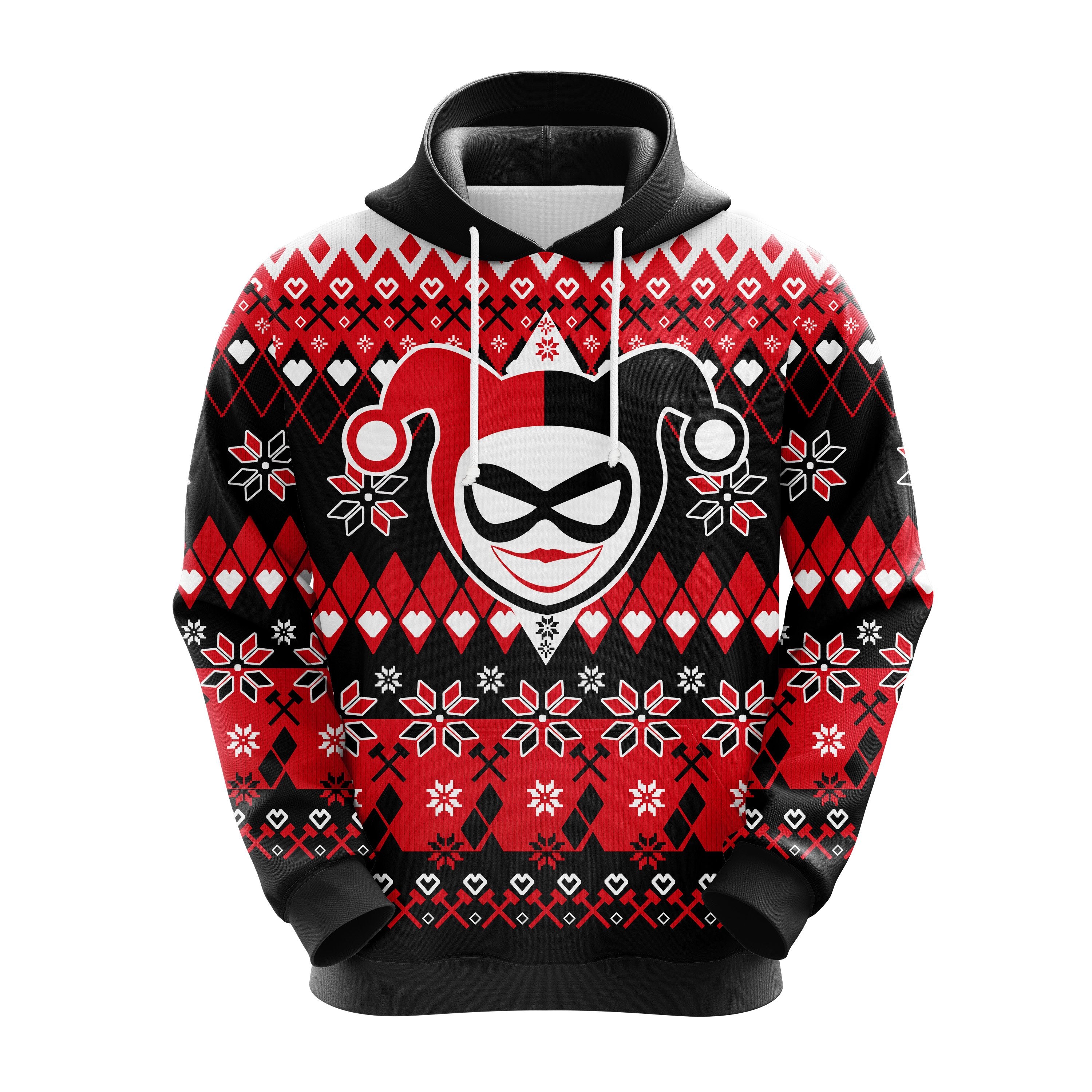 Fashion24Hs - Printed Hoodie - Dc Hoodie Suicide Squad Hoodie Harley Quinn Christmas Pattern Black Red Hoodie Harley Quinn Hoodie