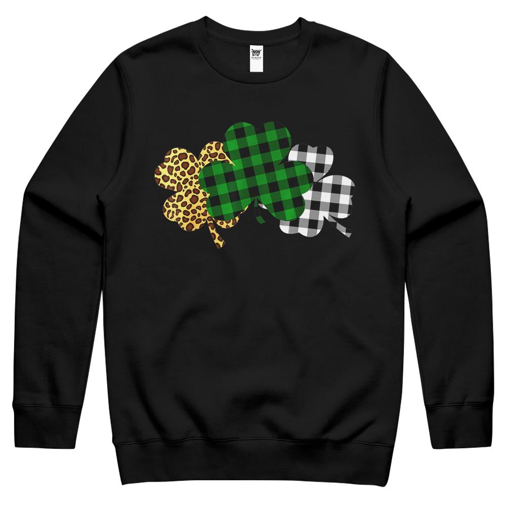 Buffalo Plaid Leopard Shamrock Clover Lucky St Patricks Day Crewneck Sweatshirt