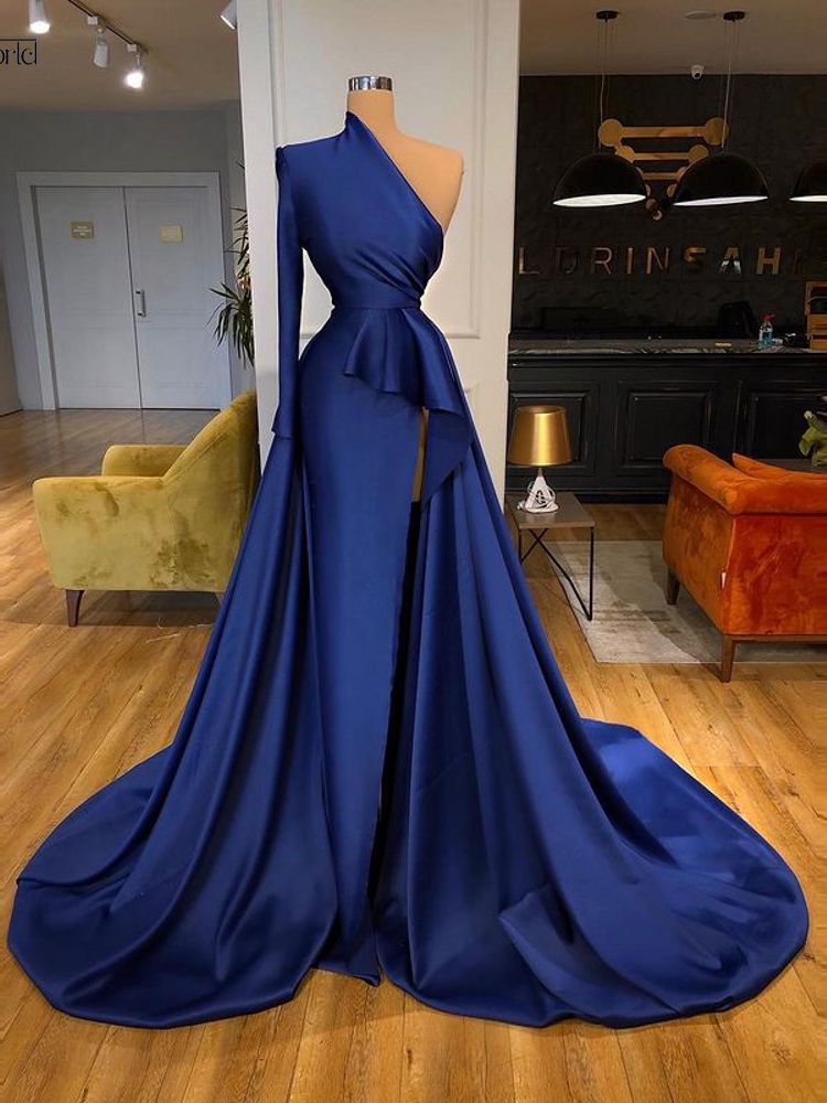 Abendkleider 2022 Moroccan Kaftan Muslim Evening Dresses Mermaid Long Sleeve Satin Arabic Royal Blue Formal Prom Gowns Vestidos alx