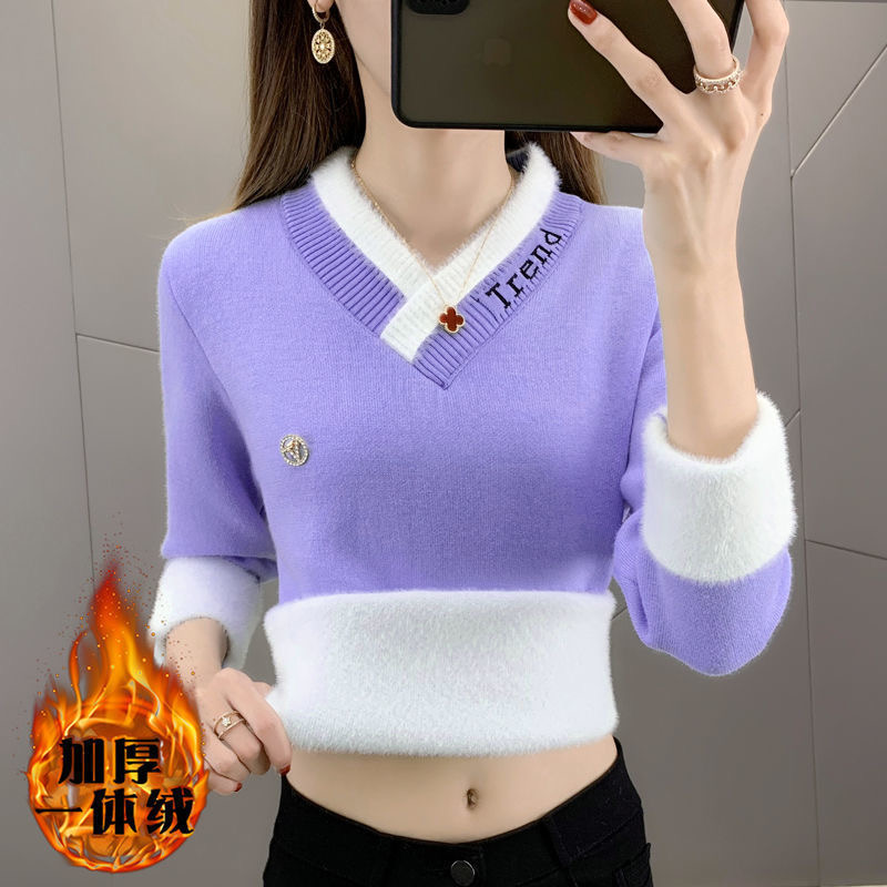 2022 Winter Thicken V-neck Slim Fleece Lining Sweaters Women Letter Print Warm Pullover Casual Candy Color Korean Soft Knit Tops alx