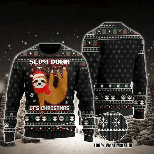 Unifinz Sloth Ugly Christmas Sweater Sloth Slow Down It’S Christmas Black Sweater 2022