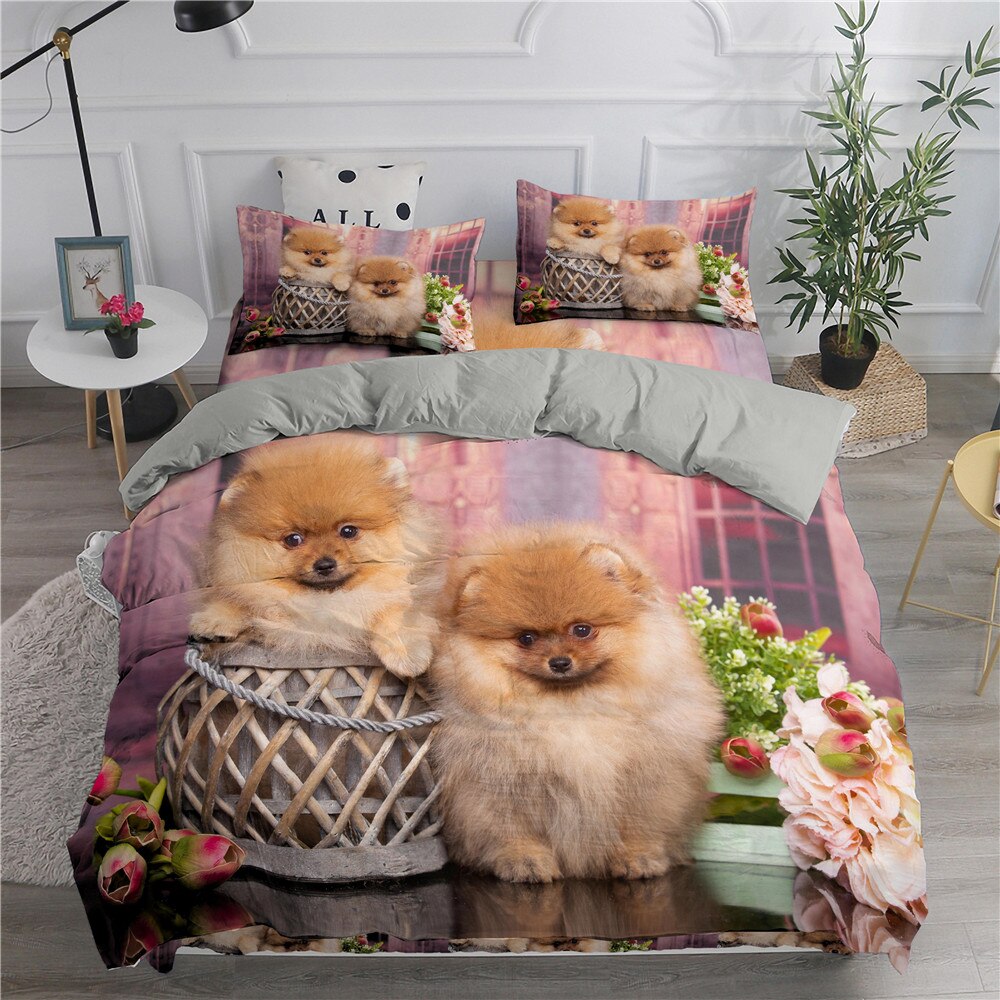 Pet Dog Cute Puppy Bedding Set 3D Printed Cute Pomeranian Duvet Cover Set Bedclothesluxury High Quality