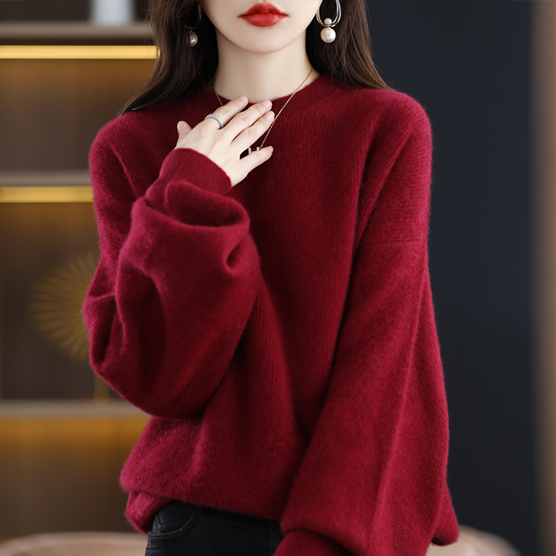 Women’s Clothing Large Size Sweater Autumn and Winter New 100% Pure Wool Casual Knitted Top Loose Solid Color Round neck Pullove alx