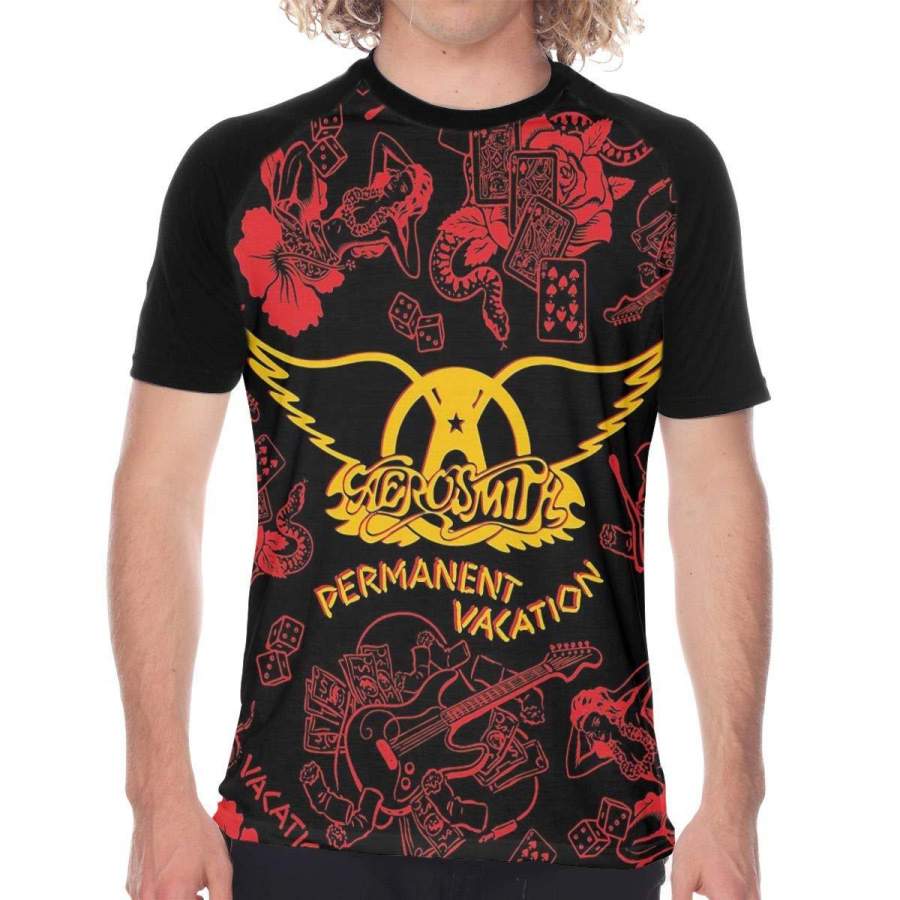 Aerosmith Permanent Vacation Men’s T-Shirt, Elegant Short-Sleeved Tee Round Neck Top Blouses S