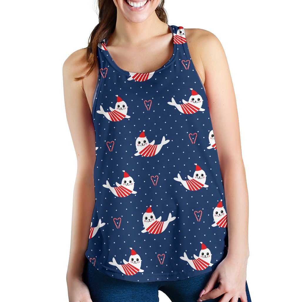 Cute Sea Lion Seal Christmas Hat Candy Cane Heart Pattern Women Racerback Tank Top