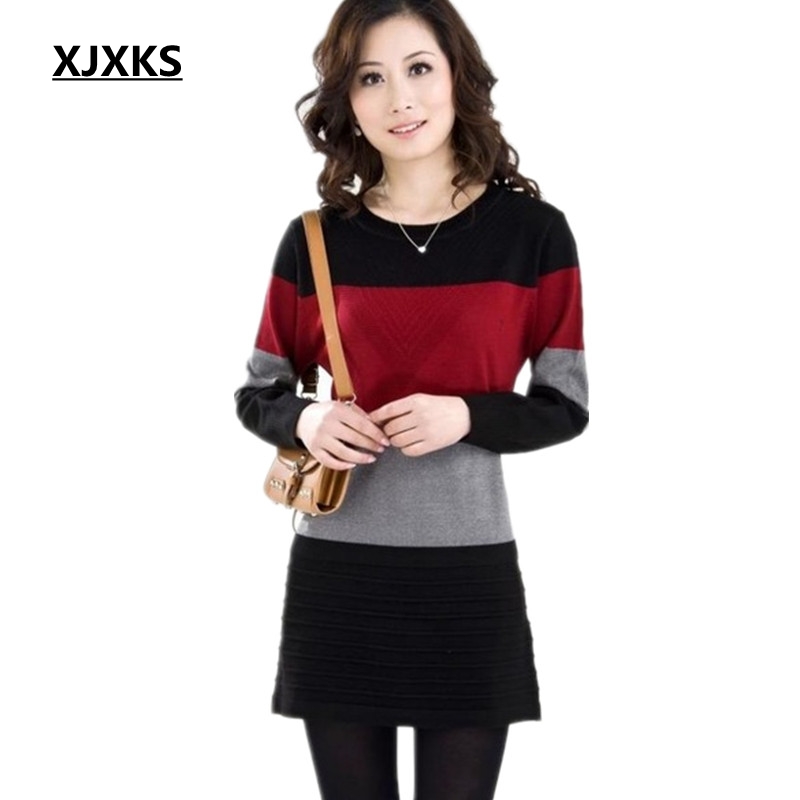 XJXKS Long Pullovers Women Sweater Dress High Quality Long Sweater Women Cheap Winter Clothes Stripe Tops Autumn Knitted Jumper alx