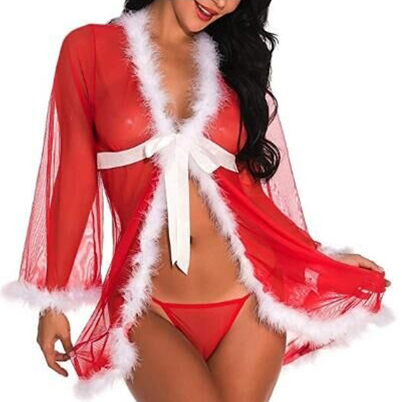 Christmas Cosplay Costumes Lace Up Plush Red Sexy Lingerie Hot Babydoll Woman Exotic Lingerie Lace Dress Sexy Erotic Underwear alx