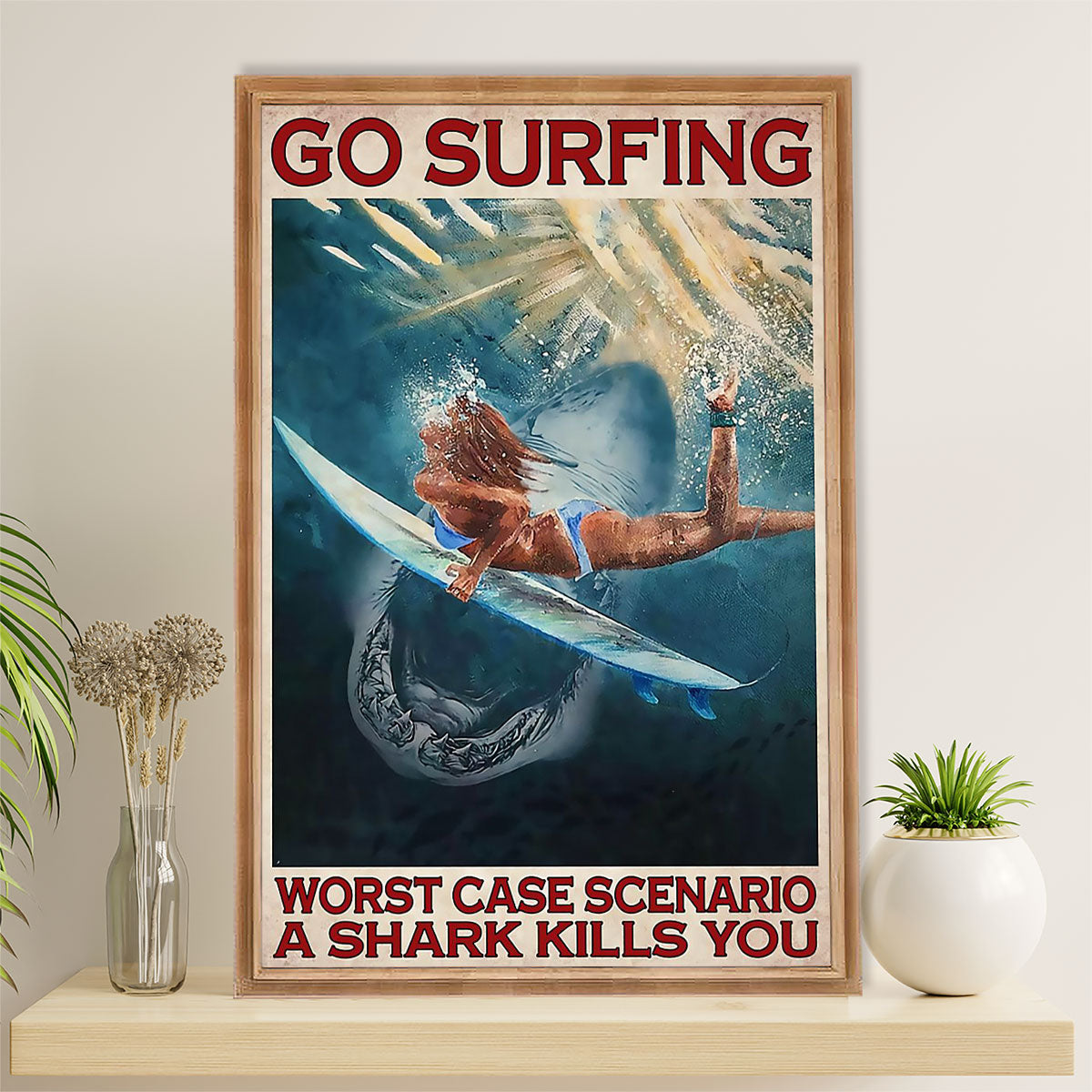 Water Surfing Canvas Wall Art Prints | Shark Worst Case Scenario | Home Décor Gift For Beach Surfer