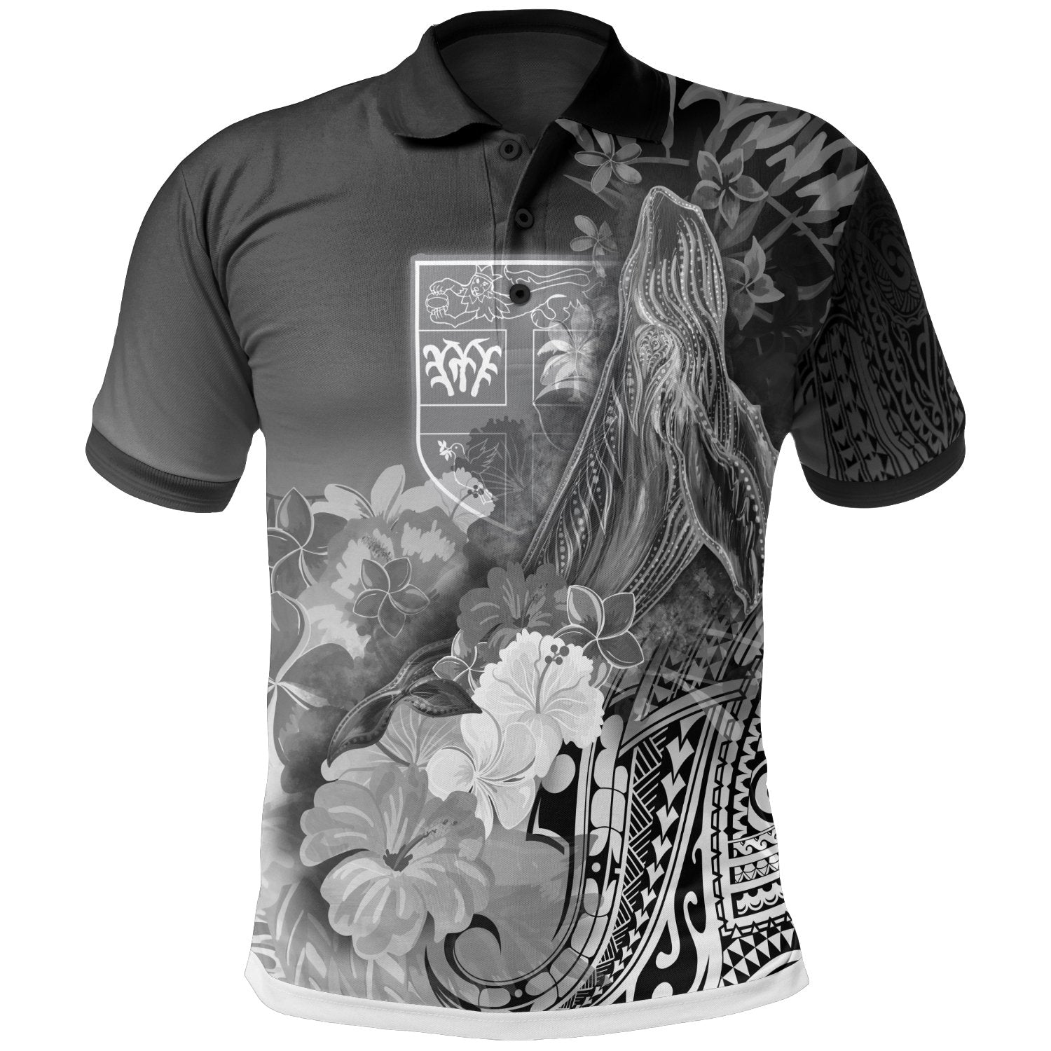 Fiji Polo Shirts – Humpback Whale With Tropical Flowers (White)