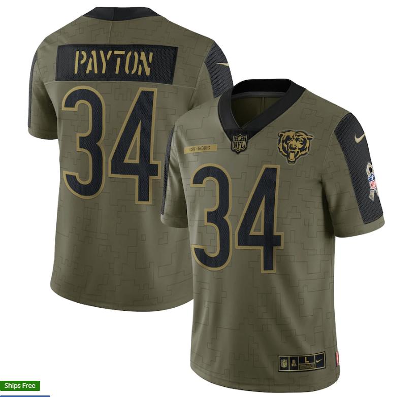 Chicago Bears Walter Payton 34 NFL Olive 2021 Salute To Service Retired Player Men Jersey For Bears Fans