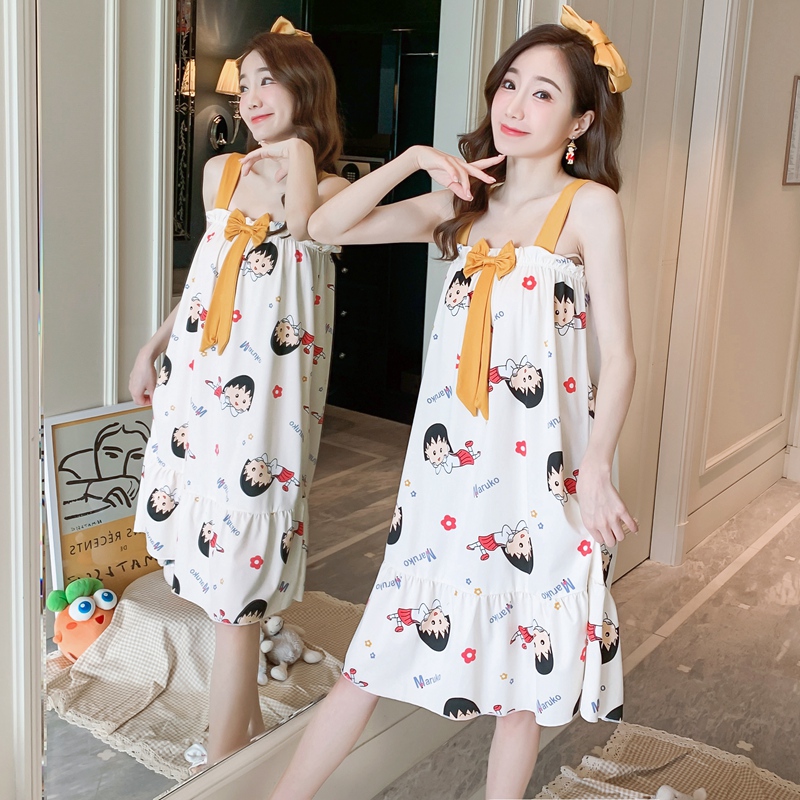 2022 New Summer Sexy Spaghetti Strap Print Nightgowns for Women Korean Cute Bow Sleepwear Nightdress Night Dress Homewear Nighty alx