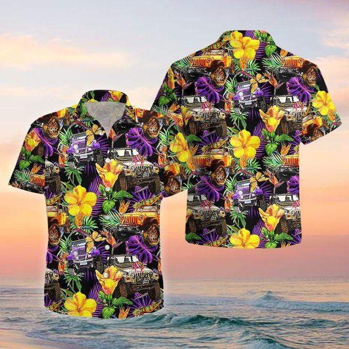 Cool Jeep Yellow Flower Purple Unisex Hawaiian Aloha Shirts