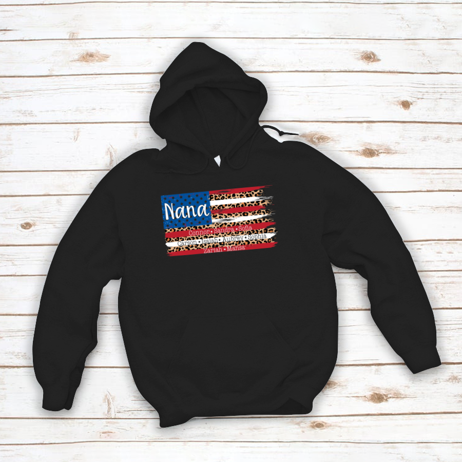 American Flag Nana With Grandkids Leopard Hoodie