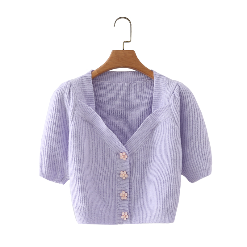 2021 new fashion spring vintage sexy square collar petal button purple knitted sweater cardigan crop top women alx