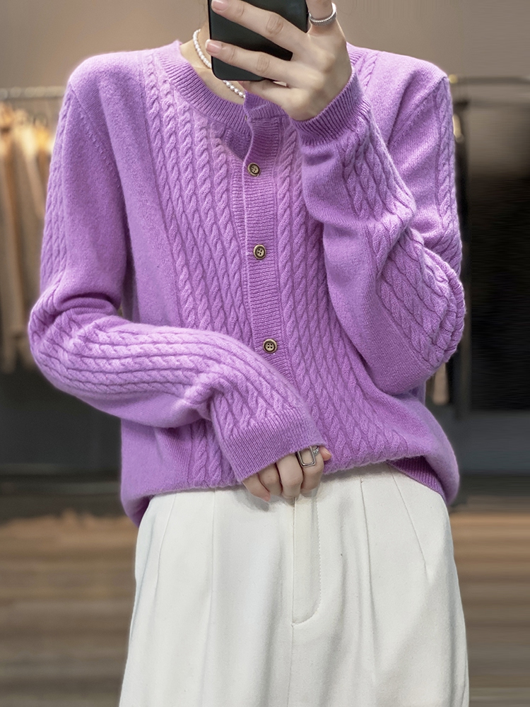 Autumn And Winter 100% Wool Cardigan Women’s Round Neck Retro Twist Long-Sleeved Knitted Sweater Fashion All-Match Inner Top alx