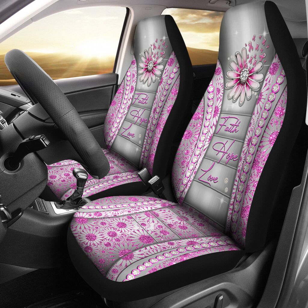 Faith Hope Love Faux Glitter Print Breast Cancer Awareness Seat Covers 0622