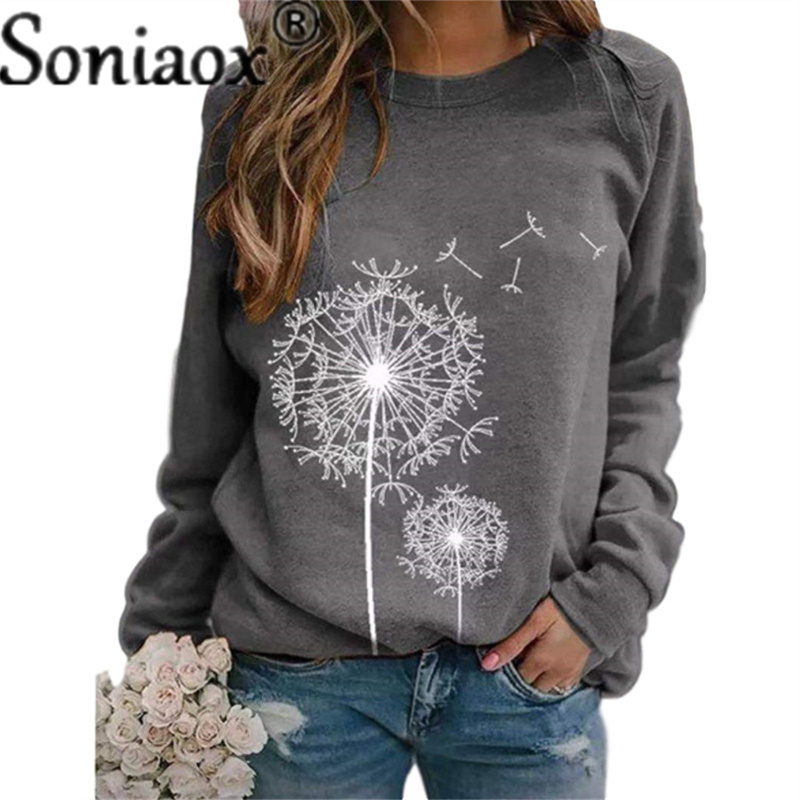 2021 Autumn Winter Women New Dandelion Print Round Neck Long Sleeve Sweatshirt Ladies Fashion Loose Casual Pullover alx