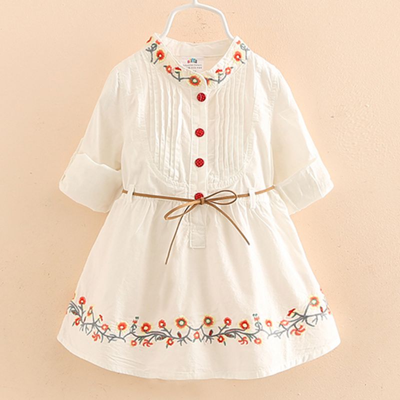 2021 Spring Autumn 3-12 Ages Kids Embroidery Flower Long And Short Sleeve Double Use Denim Blue Elegant Dress For Girl With Belt alx