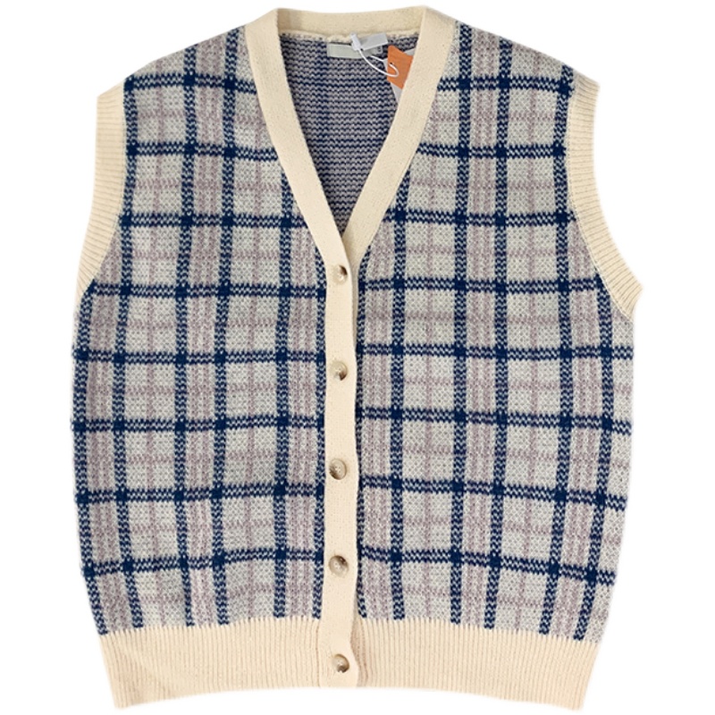 Sweater Vest Men Plaid Fashion College All-match V-neck Knitting Soft Spring New Ins Retro Casual Single Breasted Design Loose alx