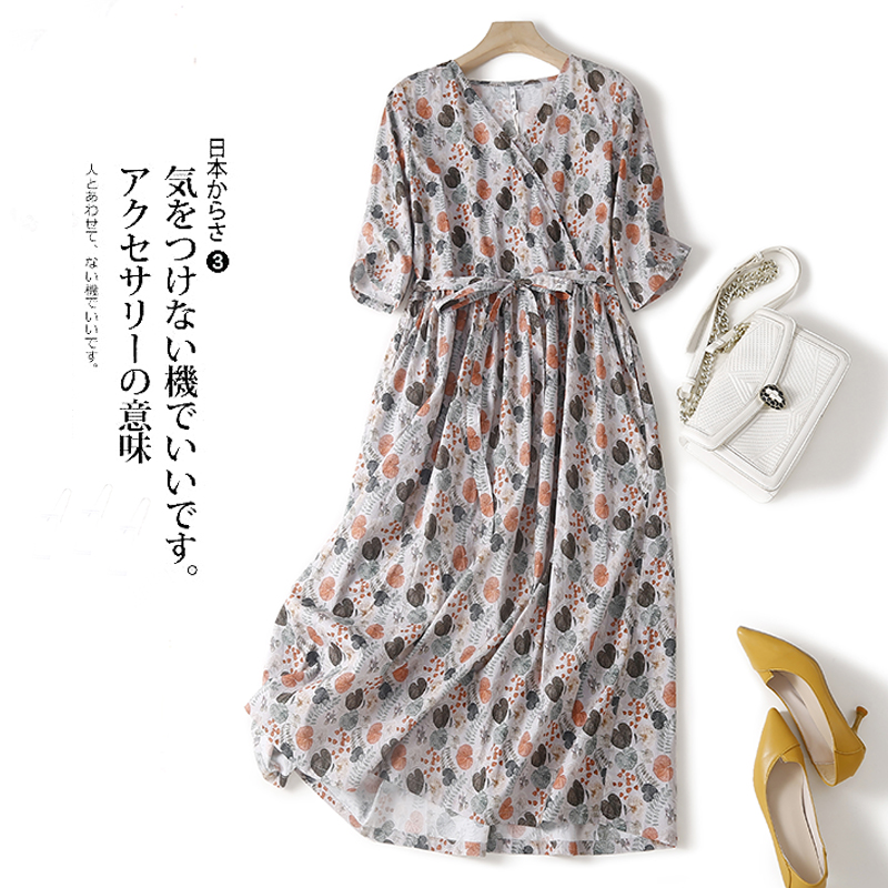 2022 New Arrival Thin Light Soft Cotton Loose Cozy Summer Dress Draw String Print Floral Women Travel Style Casual Midi Dress alx