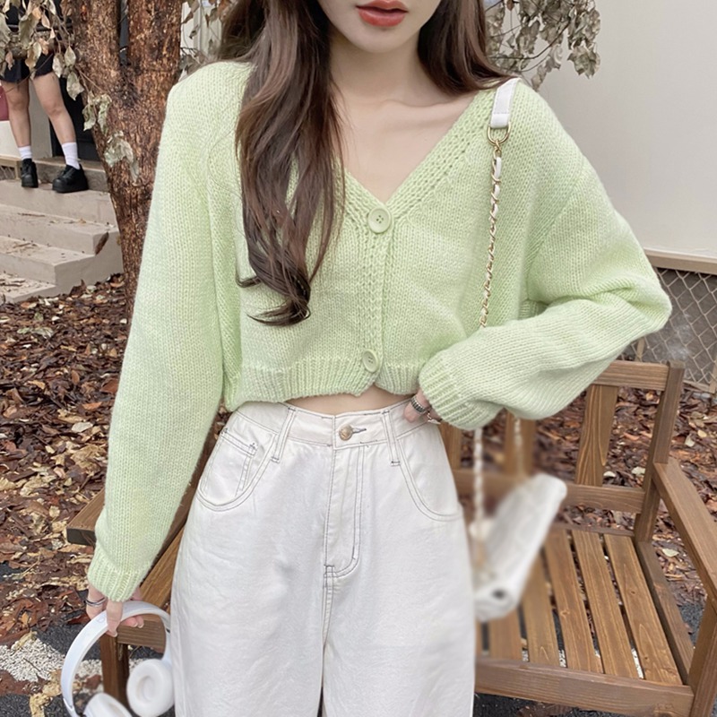 Women’s Solid Casual V Neck Knitted Cardigan Long Sleeve Sweet Crop Top Sweater For Spring Autumn All-Matching Outerwear alx