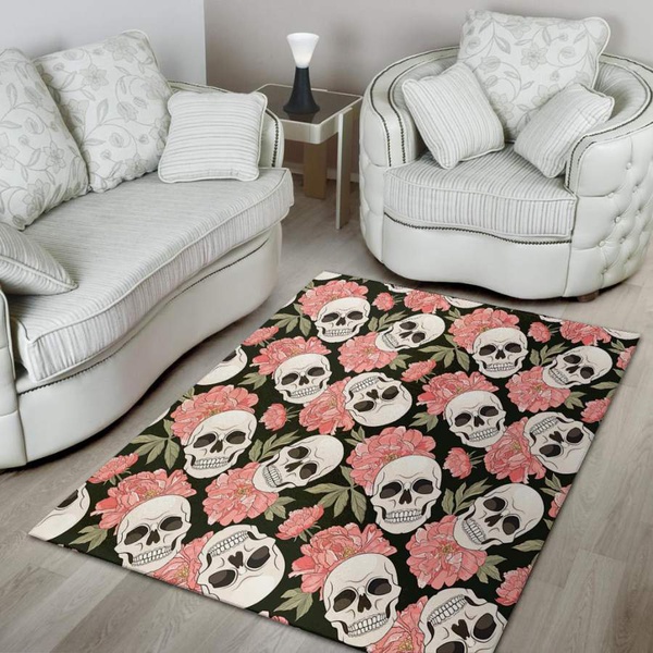 Pink Peony Skull Area Rug