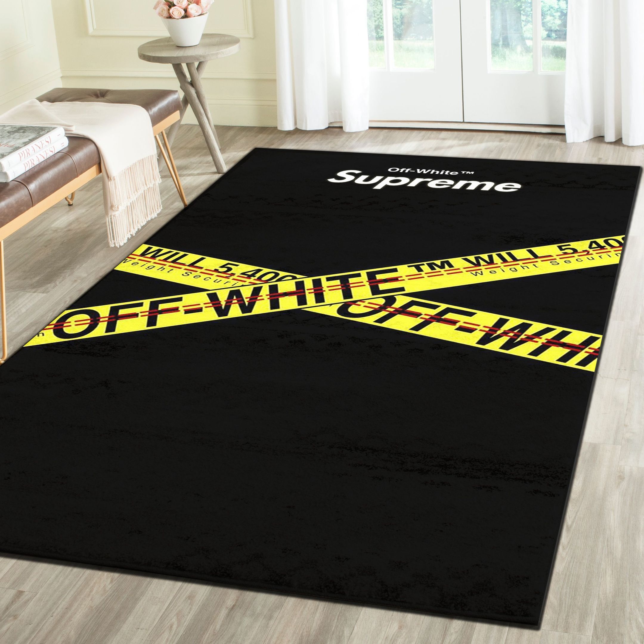 Off-White Logo Inspired Area Rug, Luxury Hypebeast Living Room Carpet, Fashion Brand Floor Decor