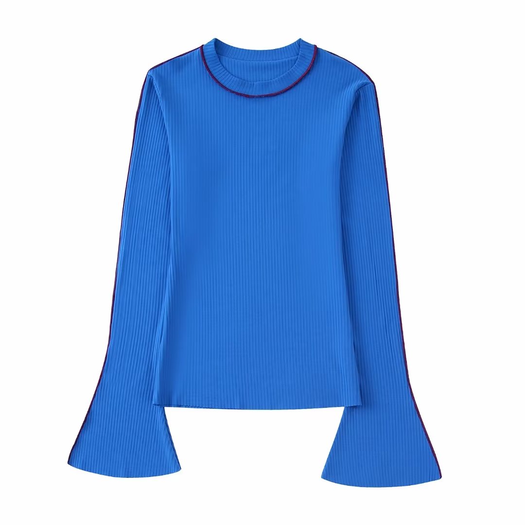 TRAF Blue Knitted Sweater Women Long Sleeve Jersey Top Female Autumn Pullover Women CasualRibbed Knit Cropped Sweaters for Women alx