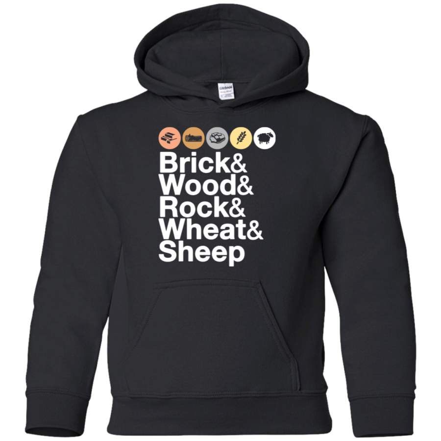 AGR Helvetica Settlers of Catan Brick, Wood, Rock, Wheat, Sheep  Board Game Geek Ampersand Design Youth Pullover Hoodie