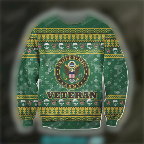 Unifinz Veteran Sweater United States Army Seal Veteran Helmet Pattern Green Ugly Sweater 2022