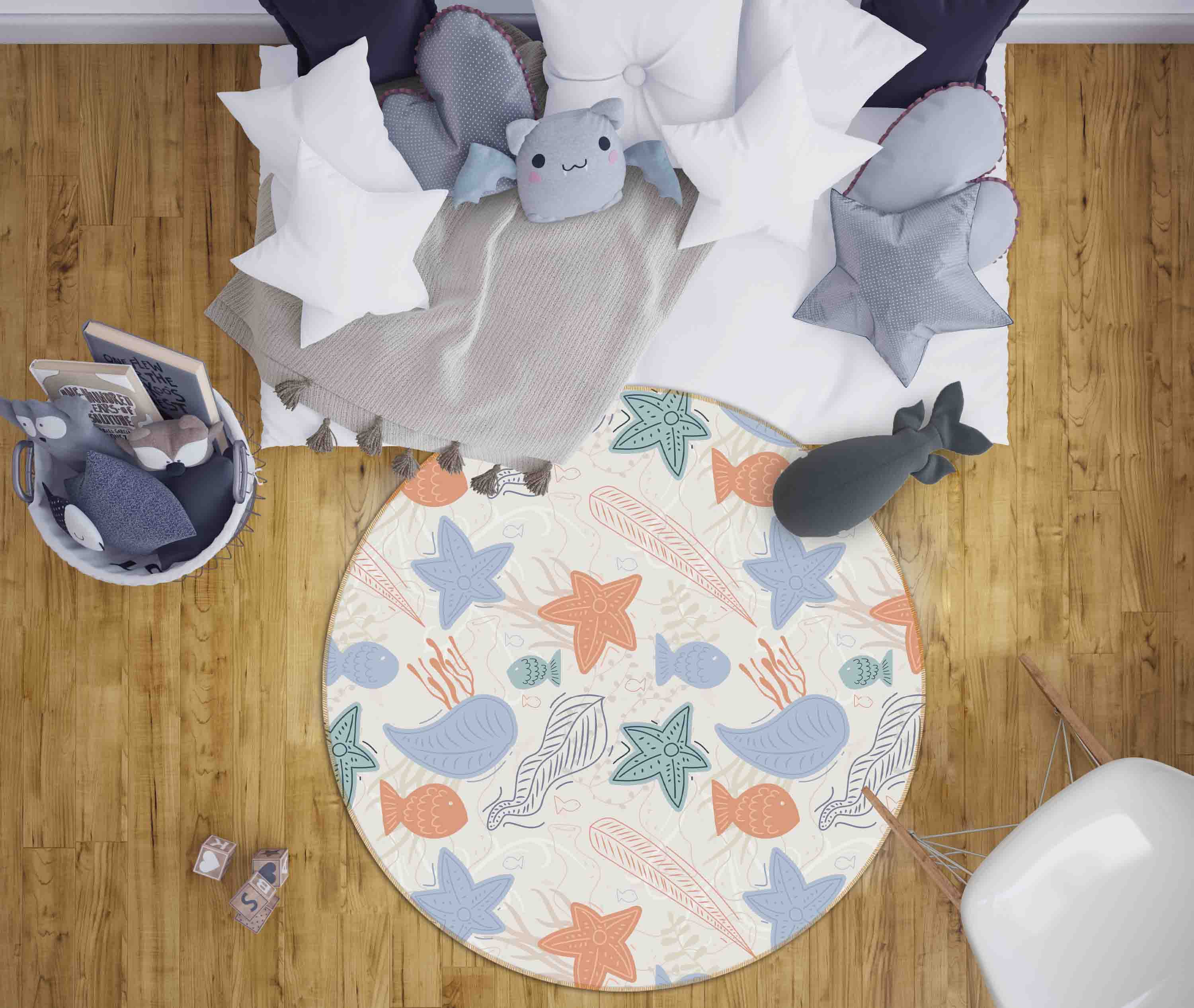 3D Cartoon Animal Starfish Fish Kids Non-Slip Round Rug Mat 44