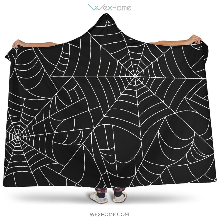 Spider Web Pattern Black Background White Cobweb Hooded Blanket