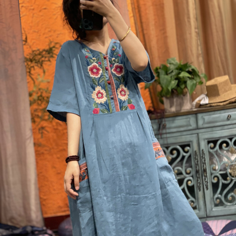 Women Retro Dress Summer Loose Casual Dress 2021 New Ladies V-Neck Short Sleeve Embroidery flower pocket Vintage Dress alx