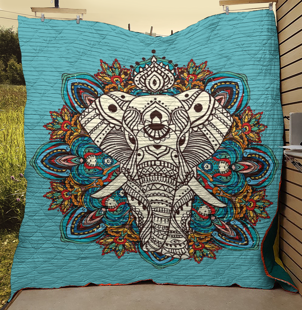 Elephants Cute  Henna  Blue Background  Quilt Blanket