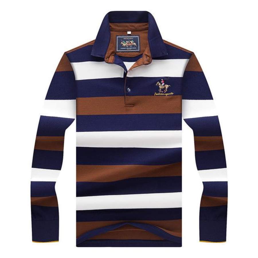 Polo Shirt Male Spring and Summer Style Long-sleeved Color Stripes High Quality Men’s Stretch Comfort Cotton