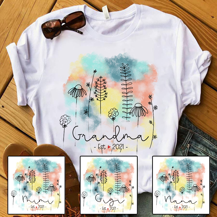 Personalized Grandma Est Flower Color T-Shirt