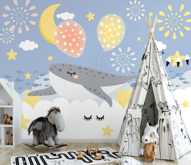 3D Cartoon Whale Moon Fireworks Wall Mural Wallpaper Lqh 191