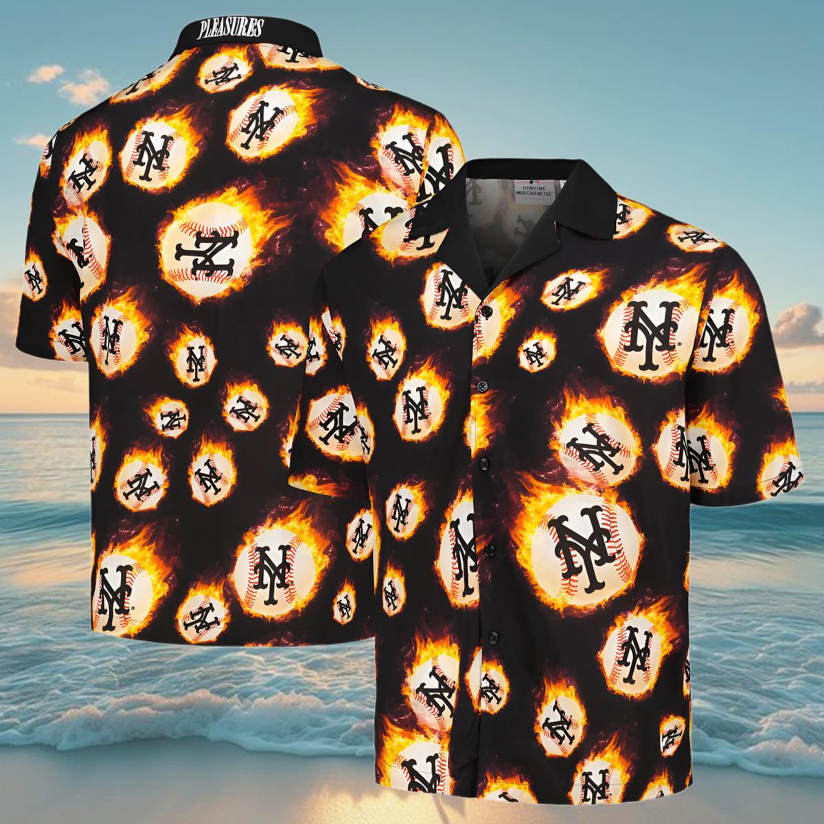 New York Mets Hawaiian Shirt Pleasures Black Flame Fireball