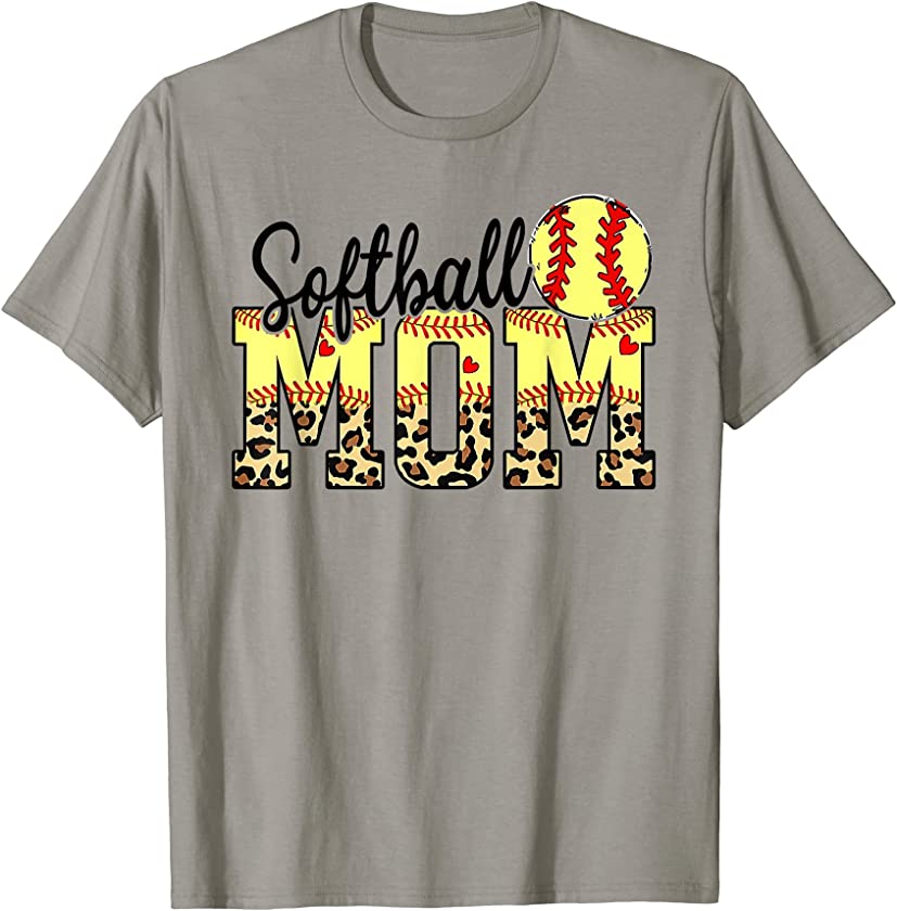 Softball And Mom Red Heart With Leopard For Mother’s Day T-Shirt